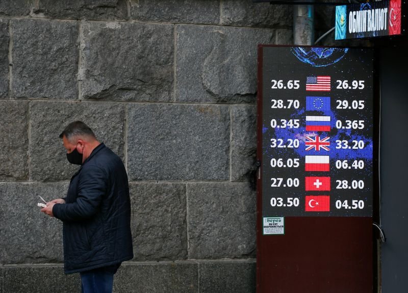 Un hombre porta mascarilla mientras cuenta dinero cerca de una casa de cambio en Kiev, Ucrania. Mayo 13, 2020. REUTERS/Gleb Garanich