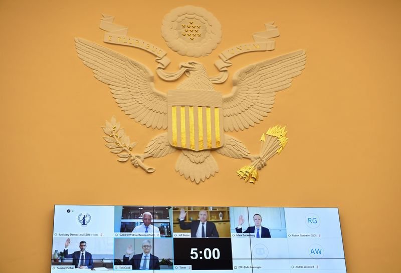 Los CEO de grandes firmas tecnológicas, antes la audiencia virtual ante un panel del Congreso de Estados Unidos , en Capitolio, Washington, 29 de julio de 2020. Mandel Ngan/Pool via REUTERS
