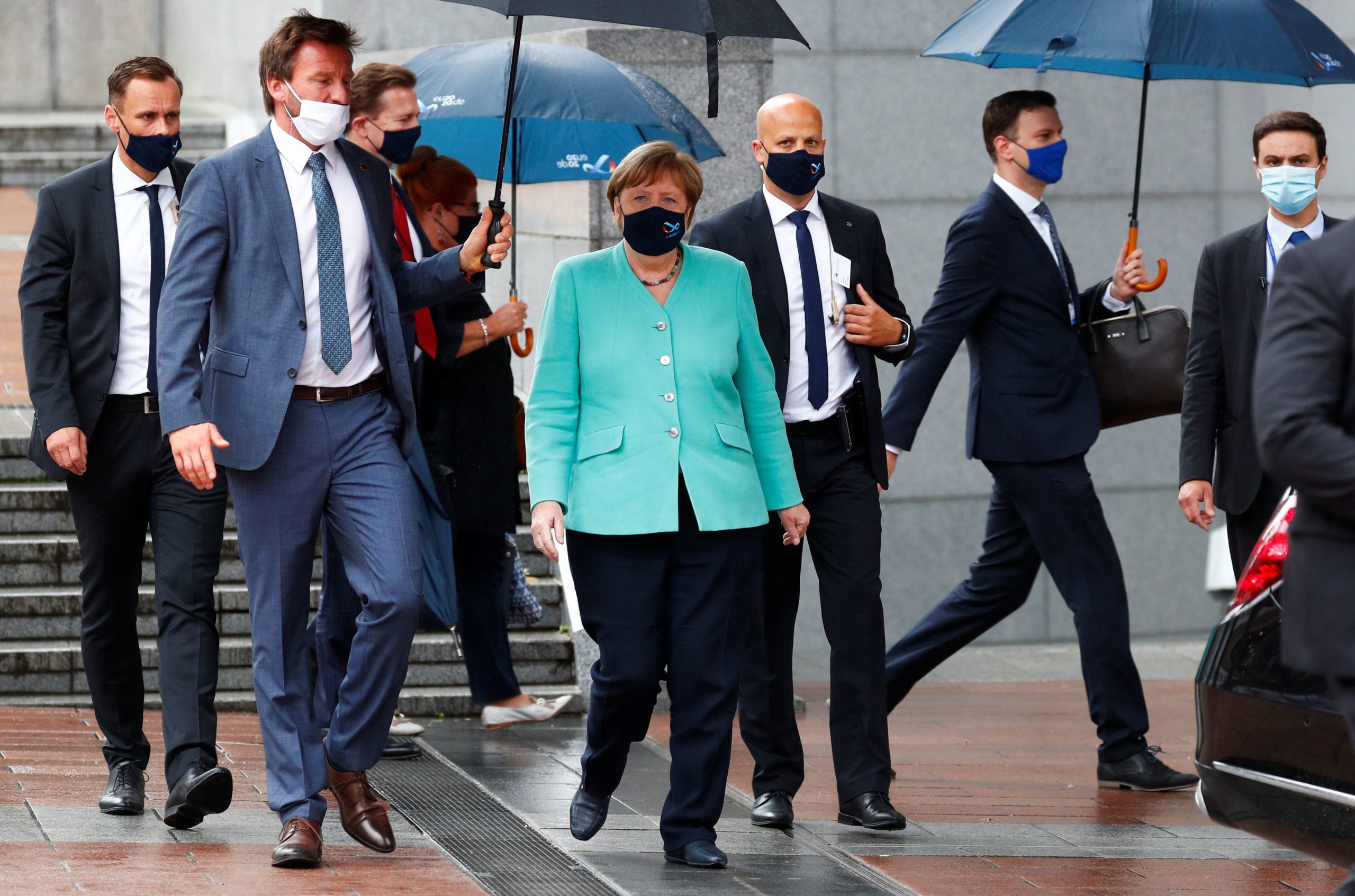 German Chancellor Angela Merkel leaves the European Parliament after attending a plenary session  in Brussels, Belgium July 8, 2020. REUTERS/Francois Lenoir