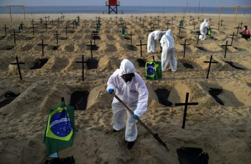 Activistas de la ONG Río de Paz con equipo de protección cavan tumbas en la playa de Copacabana para simbolizar a los muertos por la enfermedad del coronavirus (COVID-19) durante una manifestación en Río de Janeiro, Brasil, 11 junio 2020.
REUTERS/Pilar Olivares
