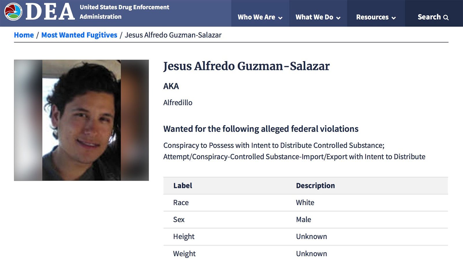 "Alfredillo", uno de los hijos del "Chapo" Guzmán, ya está en la lista de los más buscados de la DEA (Foto: DEA)