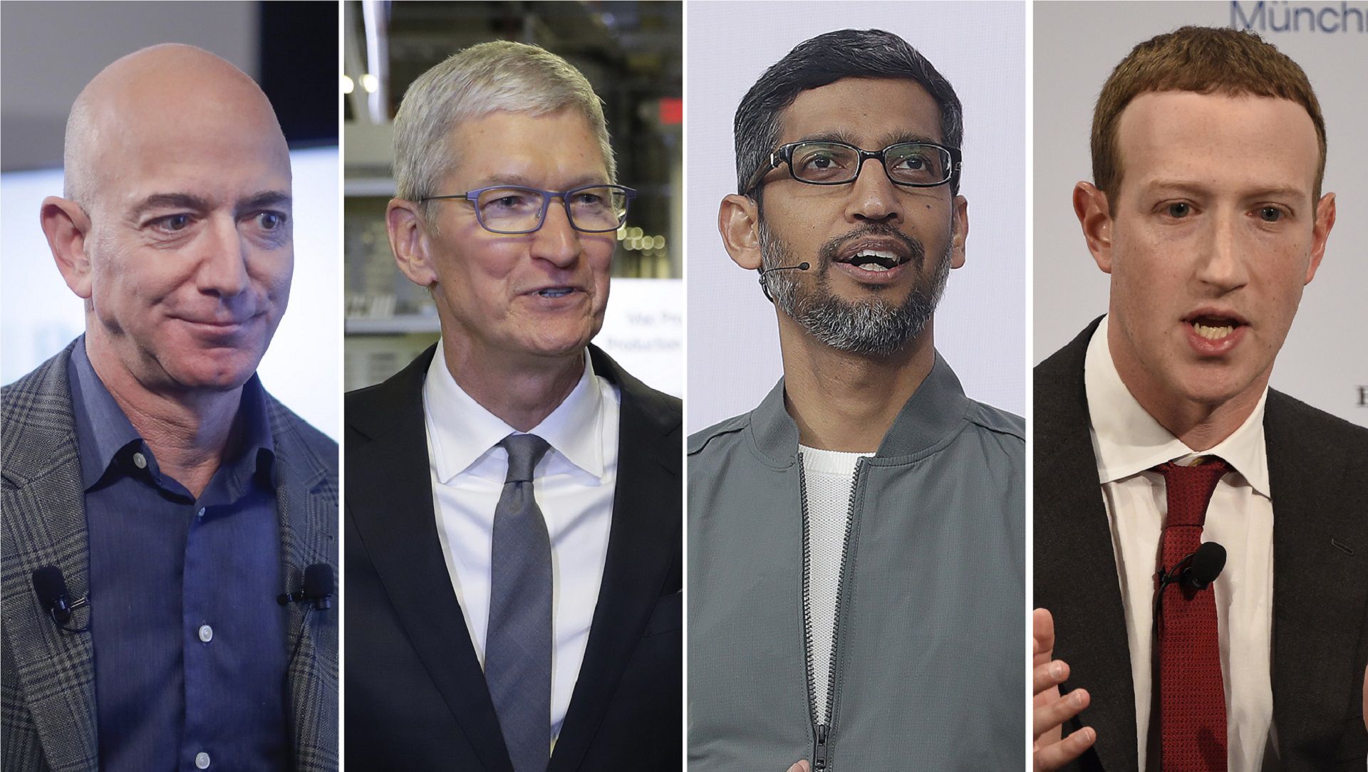 This combination of 2019-2020 photos shows Amazon CEO Jeff Bezos, Apple CEO Tim Cook, Google CEO Sundar Pichai and Facebook CEO Mark Zuckerberg. On Wednesday, July 29, 2020, the four Big Tech leaders will answer for their companies’ practices before Congress at a hearing by the House Judiciary subcommittee on antitrust.  (AP Photo/Pablo Martinez Monsivais, Evan Vucci, Jeff Chiu, Jens Meyer)