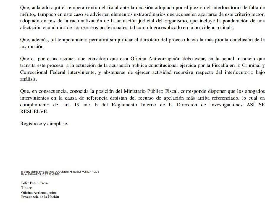 Nota Oficina Anticorrupción -causa cuadernos