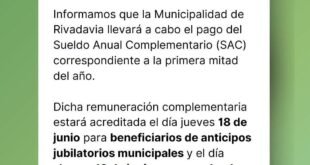 La Municipalidad de Rivadavia informó el cronograma de pago del medio aguinaldo