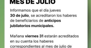 El Municipio confirmó el cronograma de pago de haberes correspondiente a julio