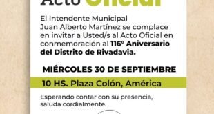 Rivadavia celebra este miércoles su 116° aniversario con el Acto Oficial