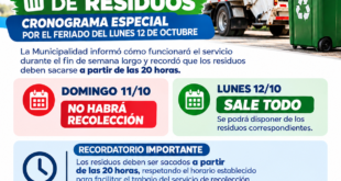 Feriado del 12 de octubre: así será la recolección de residuos en Rivadavia