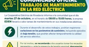 La Cooperativa Eléctrica de Rivadavia advirtió sobre posibles variaciones en el servicio por trabajados de mantenimiento