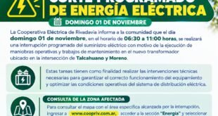 La Cooperativa Eléctrica de Rivadavia anunció un corte programado de energía para este domingo
